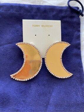 Tory Burch Gold Crescent Moon Crystal-Trim Earrings